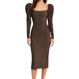 REFORMATION Dress Bronze Rahm Sparkle Puff Sleeve Glam Midi Size S Holiday Party